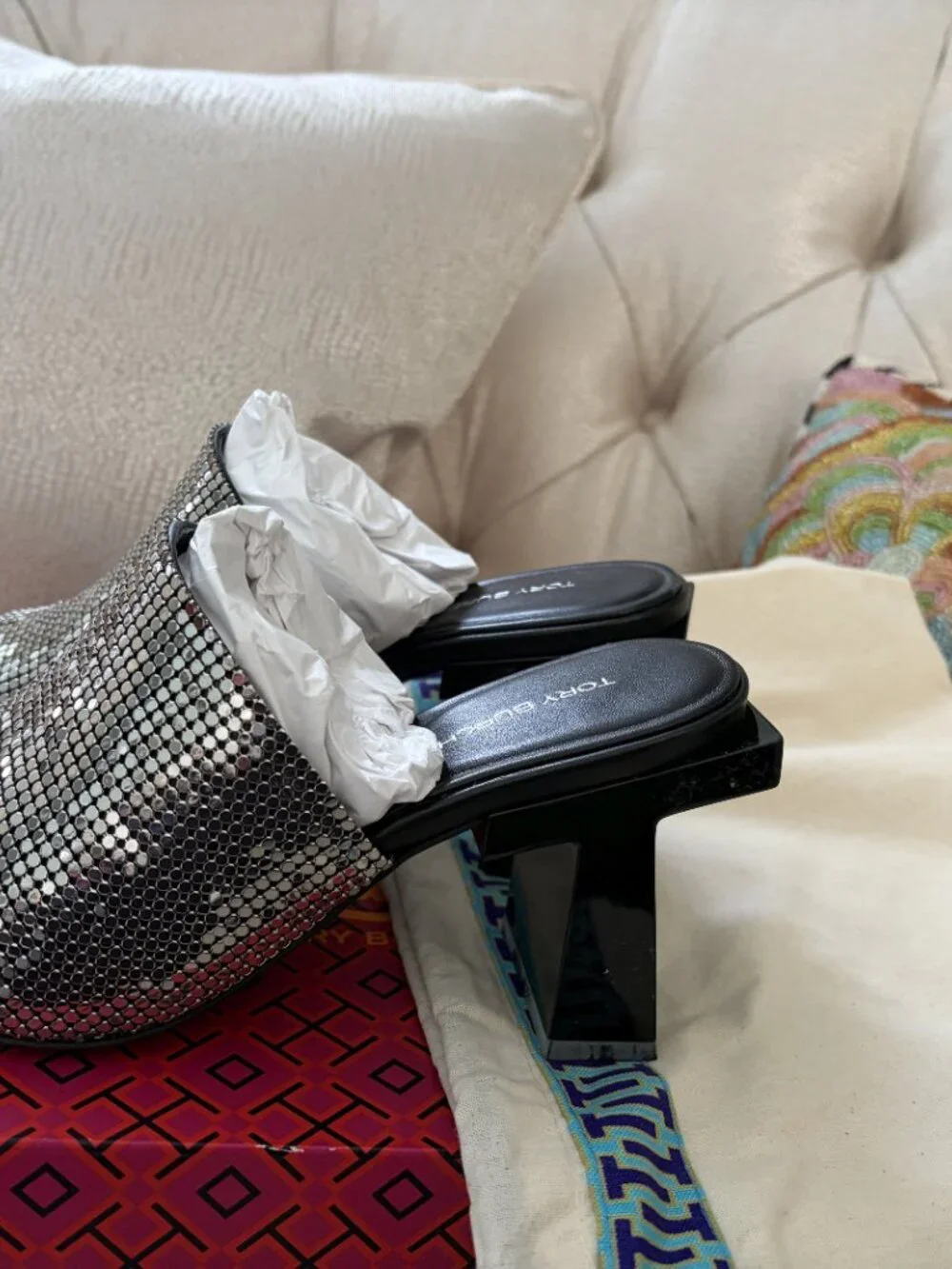 Tory Burch Block T Chainmail Mule Sandal, Silver, 6.5, NIB